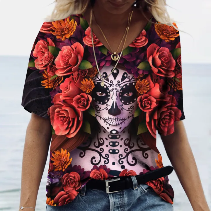 Women%20T%20shirt%20skull%20face%20vintage%20tops%20V%20neck%20casual%20cotton%20short%20sleeve%20pullovers%20summer%20female%20Harajuku%20punk%20streetwear%20tops%20-%20Image%205