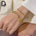 Retro 18K Gold Metal Plated Titanium Steel Double Heart Bracelets Hypoallergenic Fashion Jewelry Accessories Gifts for Gf. 