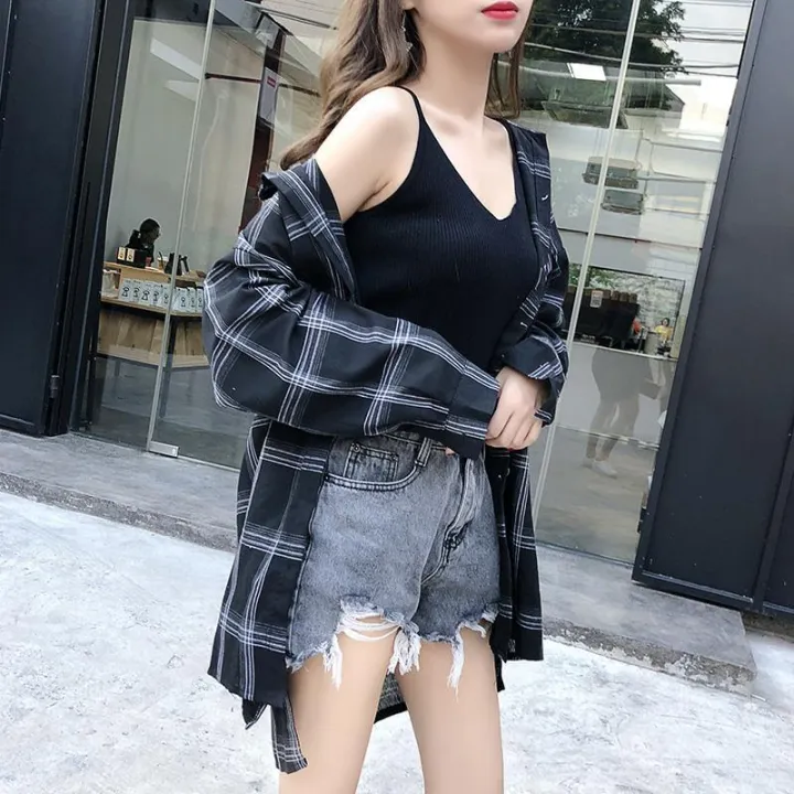 Plaid%20Shirt%20Women's%20Spring%20and%20Autumn%20Thin%20Korean%20Style%20Loose%20Versatile%20Long%20Sleeve%20Shirt%20Sun%20Protection%20Coat%20-%20Image%204