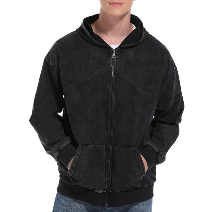 Retro Black Zip Up Hoodies for Men Women Acid Wash Hooded