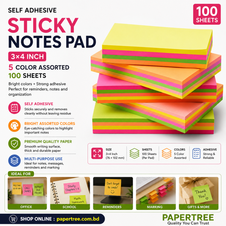 Sticky Notes Pad 3×4 Inch 5 Color Assorted Self Adhesive Post It Notes 100 Sheets