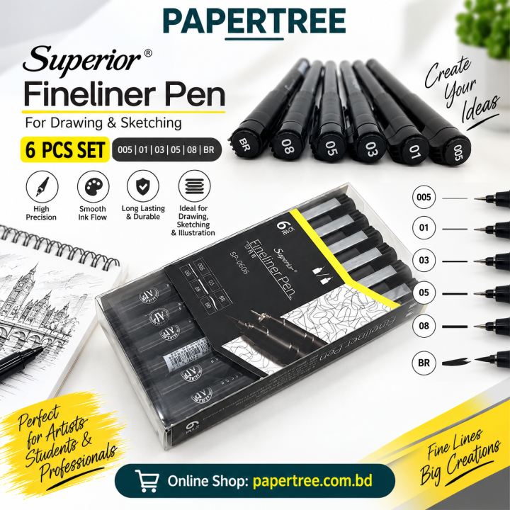 Superior Fineliner Pen Set 6 Pcs Sizes 005, 01, 03, 05, 08 & BR for Drawing & Sketching