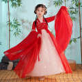 Children's long sleeved Hanfu, red Chinese style, little ancient super immortal Tang costume, Ru skirt, girl's guzheng performance costume. 