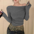 【Hot deal】 Autumn Hottie Off Shoulder T-shirt Women Solid Color Long Sleeve Chic Crop Tops.