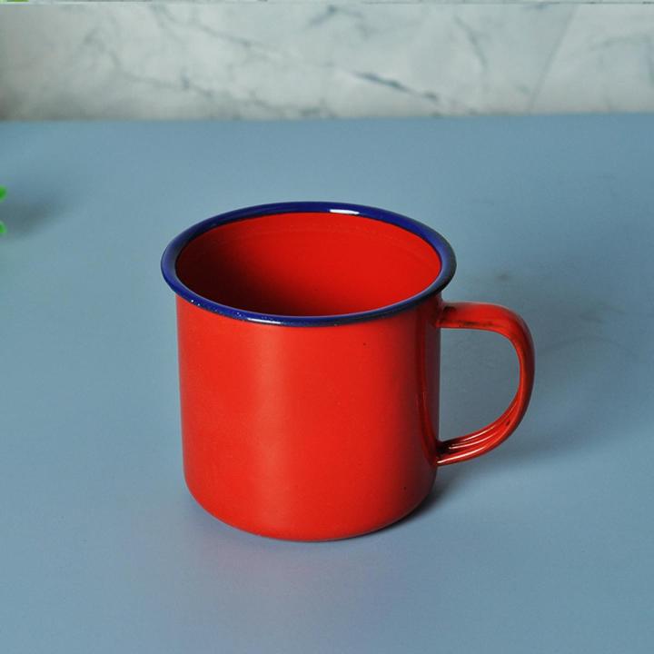 rust free good 370ml unbreakable nostalgic cookable heatable enamel tea mug with lid blue rim on mug and lid