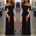 Women Sexy Slash Neck Maxi Dress Solid Color High Slit Formal Party Dress Fashion Slim Summer Dress Vestido De Mulher.