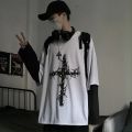 Gothic Goth Style Tshirt 2021 Mall Goth Tops Punk Long Sleeve Oversized T-shirt Fake Two-piece Street Fashion Korean Style.