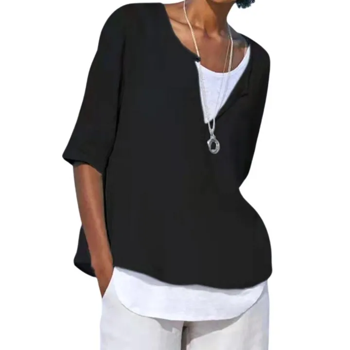 Casual%20T%20Shirt%20V-neck%20Short%20Sleeves%20T-shirt%20Half%20Sleeve%20Summer%20Pullover%20Tops%20Womens%20Linen%20Elegant%20blusas%20Tunic%20Femme%20Clothing%20-%20Image%203