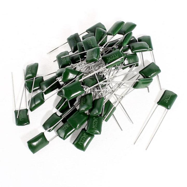 10Pcs- MYLAR 100V 2A223J GREEN Color Mylar 2A223J 223j 100V Polyester Film Capacitor Metallized 22nF Polypropylene Capacitors 2 Pin Leads Terminals Connections Leg