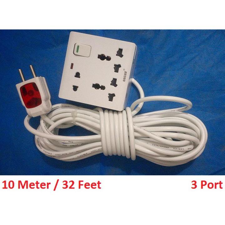 10 Meter / 32 Feet Handmade 3 port / 8 Pin Multi plug (Heavy Duty + Long lasting) Universal Socket 100% Copper 40/76 Cable