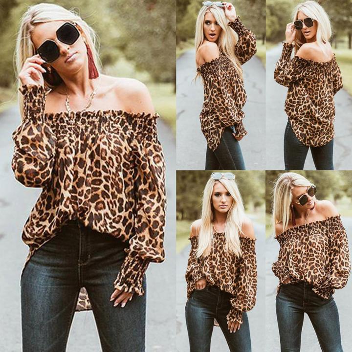 Women Long Sleeve Leopard Print Shirt Casual Loose Tee Tunic Tops Autumn