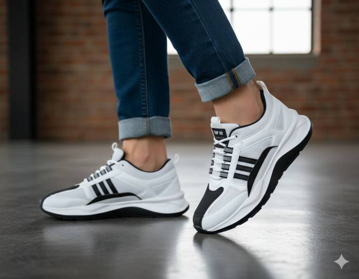 New 2026 Collection Comfortable Stylish & Fashionable Sports Look, Lace Up, Slip-on & Pull-on, Light Weight - White and Black Color Combination Sneaker For Men. 201