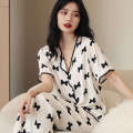 Summer Pajamas Women's Set Loose Korean Edition Large Size Printed Casual Ice Silk Short Sleeve Long Pants Home Fury. 