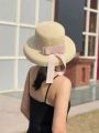 Summer Sun Hat Bow Straw Hat Visor Temperament Flat Panama Hats Women's Sea Beach Vacation Leisure Sunscreen Hat.