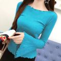 Super Fairy Bell Sleeve Top for Women Spring and Autumn New Versatile Long Sleeves Elastic Wooden Ear off-Neck Knitted Bottoming Shirt Trendy.