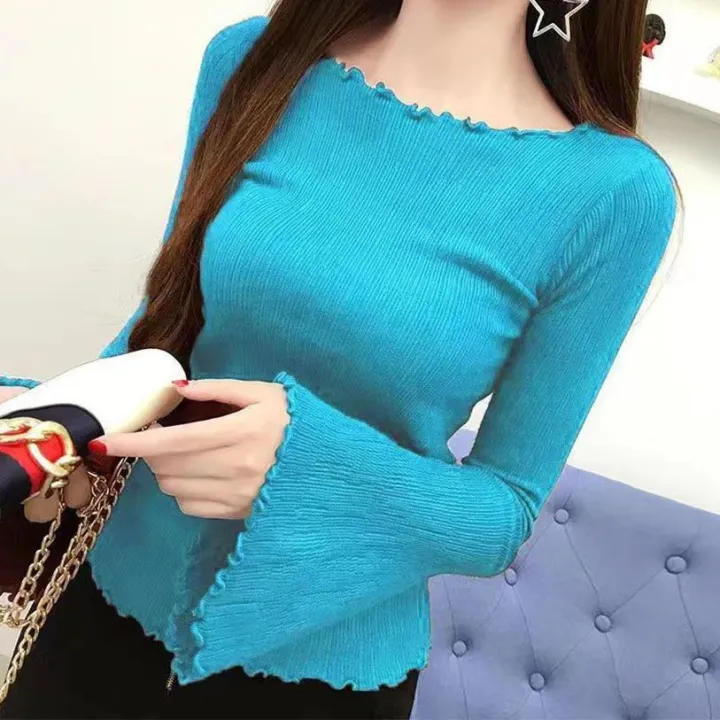 Super%20Fairy%20Bell%20Sleeve%20Top%20for%20Women%20Spring%20and%20Autumn%20New%20Versatile%20Long%20Sleeves%20Elastic%20Wooden%20Ear%20off-Neck%20Knitted%20Bottoming%20Shirt%20Trendy%20-%20Image%205