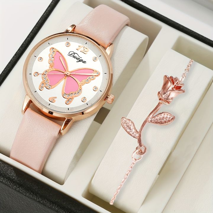 2pcs/set%20Women's%20Watch%20Butterfly%20Fashion%20Quartz%20Watch%20Analog%20PU%20Leather%20Wrist%20Watch%20&%20Rose%20Flower%20Bracelet,%20Valentines%20Gift%20For%20Her%20-%20Image%203