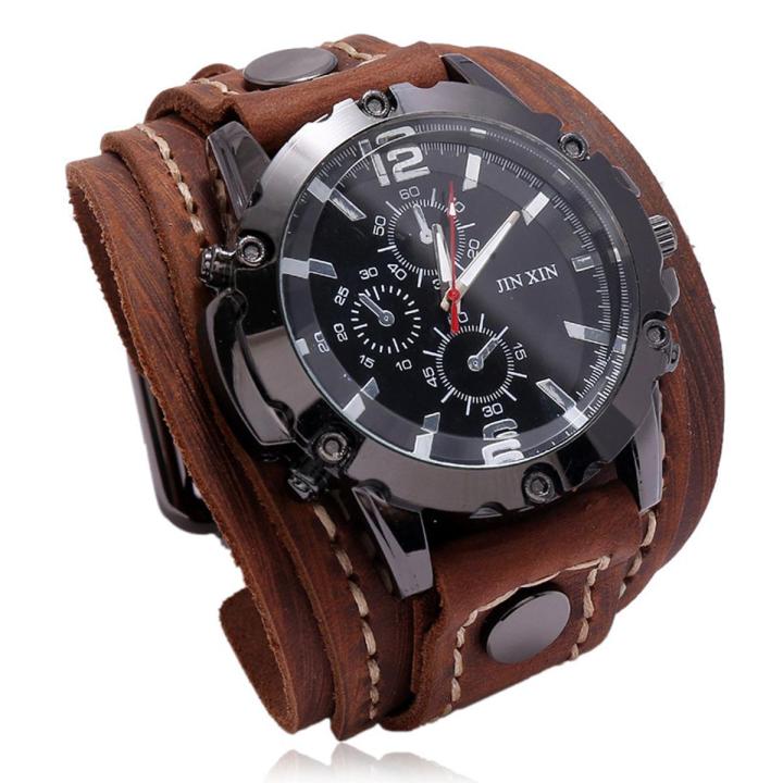 Mens Quartz Watches Jessingshow Luxury Wristwatch 2022 Cowhide Watchband Punk Style Watch For Men Wide Leather Bracelets
