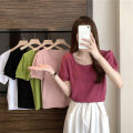 Puff Sleeve T Women's Summer T-shirt 2023 New French Style Design Low round Neck Slim-Fit Slimming Short-Sleeved Student Top. 