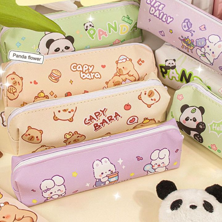 【original】 New Canvas Capybara Pencil Bag Large Capacity Cute Cartoon Stationery Box Panda Rabbit Stationery Bag