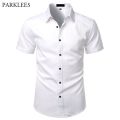 White Mens Bamboo Fiber Dress Shirts Short Sleeve Casual Button Down Shirt Men Non Iron Easy Care Elastic Business Shirt Male.