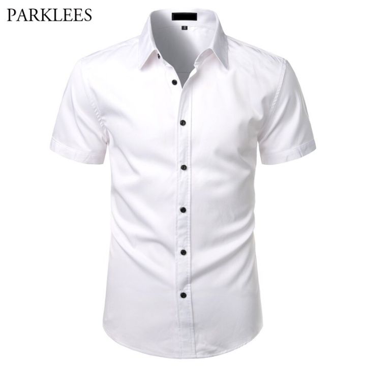 White Mens Bamboo Fiber Dress Shirts Short Sleeve Casual Button Down Shirt Men Non Iron Easy Care Elastic Business Shirt Male