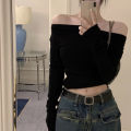 【Hot deal】 Autumn Hottie Off Shoulder T-shirt Women Solid Color Long Sleeve Chic Crop Tops.