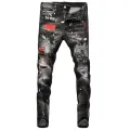 Street Fashion Men Jeans Retro Black Gray Elastic Stretch Slim Fit Ripped Jeans Men Printed Designer Hip Hop Brand Pants Hombre. 