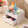 Smiling face wooden white cosmetics organizer, clean desk and desk. 