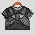 Men T Shirt O-neck Hollow Out Short Sleeve Mesh See Through Sexy Crop Tops Men Streetwear Skinny Camisetas S-5XL.
