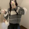 Korean Style Autumn and Winter New Color Matching Striped Hot Girl Short Loose round Neck Long Sleeve Pullover Sweater Top Sweater for Women.