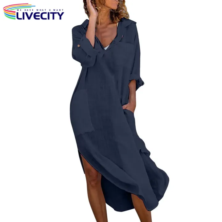 Women%20Midi%20Dress%20Summer%20V-neck%20Shirt%20Dress%20with%20Pockets%20Side%20Split%20Perfect%20for%20Beach%20Holidays%20less%20Than%20Women%20Side%20Slit%20Hem%20Dress%20-%20Image%204