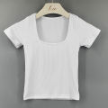 Women's New Short Midriff Outfit Slim-Fit Sexy Figure Flattering T T-shirt Low-Cut Square Collar Show Chest Large Upper Garment. 