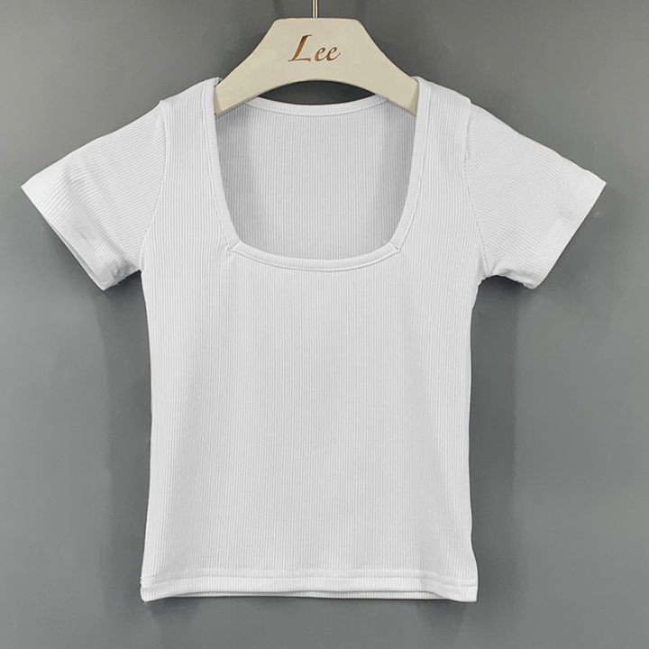 Women's%20New%20Short%20Midriff%20Outfit%20Slim-Fit%20Sexy%20Figure%20Flattering%20T%20T-shirt%20Low-Cut%20Square%20Collar%20Show%20Chest%20Large%20Upper%20Garment%20-%20Image%208