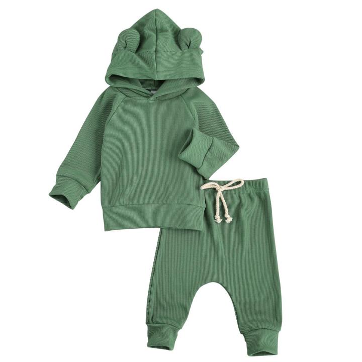 Newborn Baby 2-piece Outfit Set Long Sleeve Solid Color Hoodie and Pants Set for Kids Boys