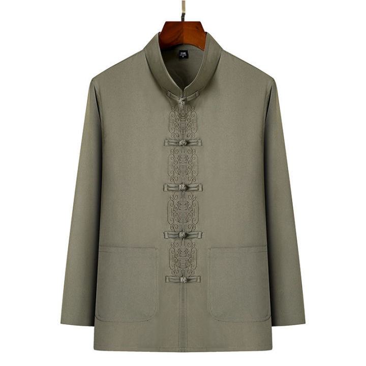 Spring and Autumn Ethnic Style Ancient Chinese Clothing Men's Tang Suit Men's Long-Sleeved Middle-Aged and Elderly Father Grandpa Cotton and Linen Suit60To70Years Old