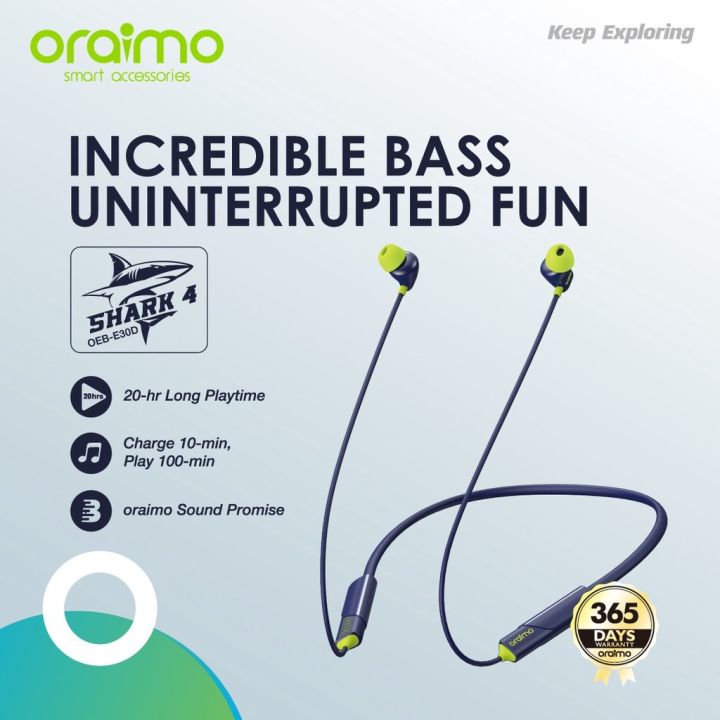 Oramo OEB-E30D Shark 4 - Dual EQ - 20-hr Playtime - IPX5 Waterproof - Neckband Wireless Earphone Bluetooth Headset