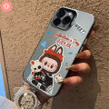 Luxury Trendy Brand Cute Sweet Pop Mart Labubu Casing Compatible for IPhone 13 15 11 14 12 Pro Max 7Plus XR XS X Max 15 8 7 14 Plus SE 2020 Cartoon Couples Plating Metal Lens Case.