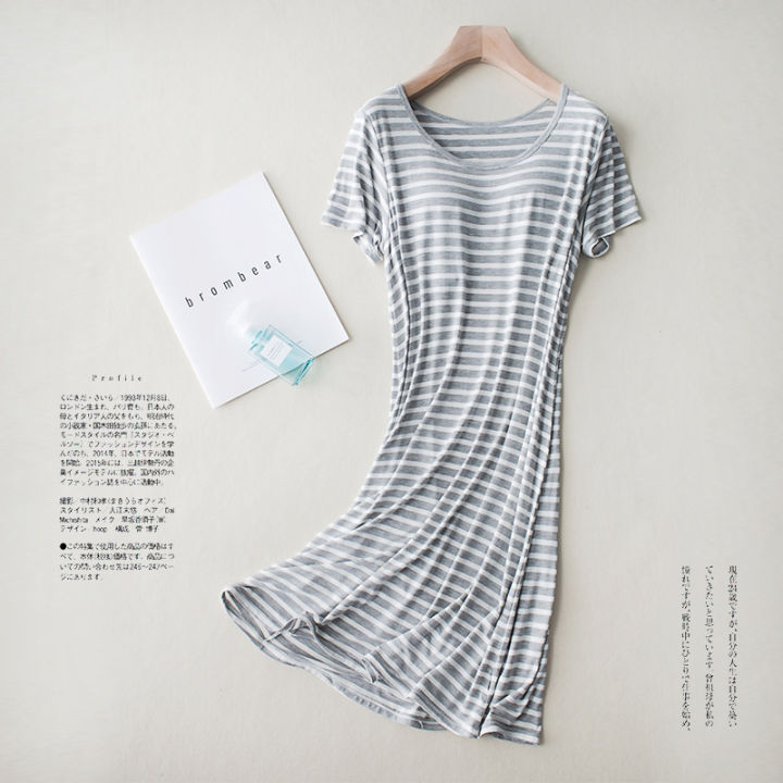 modal%20short%20sleeve%20long%20skirt%20pajamas%20with%20bra%20pads%20striped%20loose%20thin%20plus%20size%20home%20dress%20women's%20summer%20home%20-%20Image%207