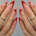 24pcs Almond French Red Love Heart False Nails Blue White Flowers Stiletto Nials Press On Nails Manicure Nail Tips. 