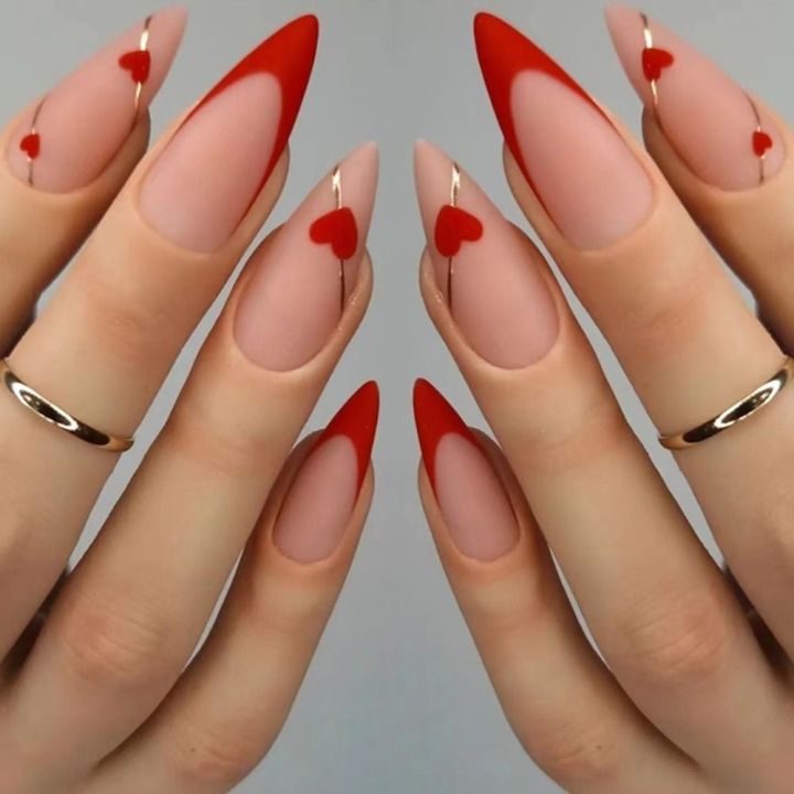24pcs Almond French Red Love Heart False Nails Blue White Flowers Stiletto Nials Press On Nails Manicure Nail Tips