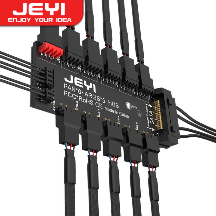 JEYI ARGB PWM 5 Way Fan Hub, Addressable 12V 4Pin PWM 5V 3Pin ARGB 2-in-1 Hub, RGB Fan, RGB Strip Splitter