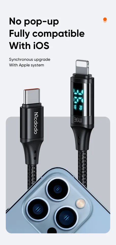 McDodo PD 36W USB-C To IPhone Cable – Fast Charging LED Data Cord – Nylon Braided Black