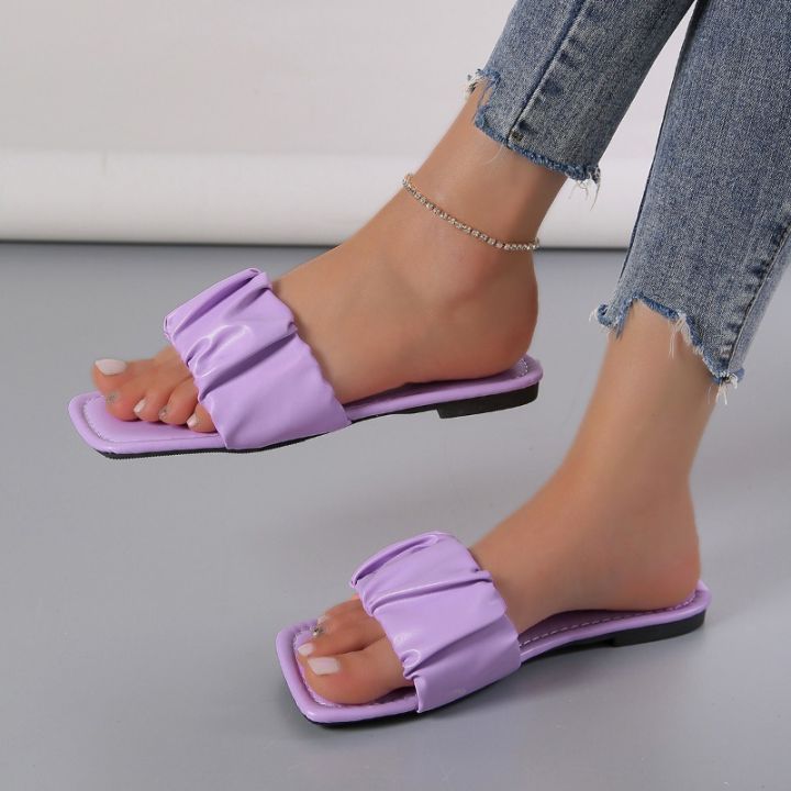 2024 New Korean Slippers Women Sandals Green Slip On Shoes Summer Slippers For Women Pleated Flip Flops Flats