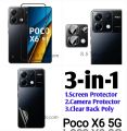 3-in-1 Combo Pack for Poco X6 5G Screen Protector OG Glass Camera Protector Clear Back Poly. 