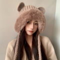 Winter Ushanka Women's Red Cute Bear Ears Plush Thickened Braid Knitted Hat Ear Protection Woolen Yarn Bag Cap. 