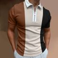 Men's Solid Color Striped Polo Shirt Short Sleeve Golf Turn-down Collar Zipper Polo Shirt for Men Casual Streetwear Summer Tops. 
