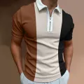 Men's Solid Color Striped Polo Shirt Short Sleeve Golf Turn-down Collar Zipper Polo Shirt for Men Casual Streetwear Summer Tops. 