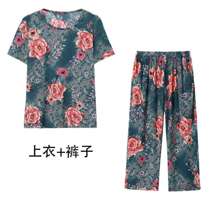 Mom%20Summer%20Clothes%20Ice%20Silk%20Two-Piece%20Suit%20Middle-Aged%20and%20Elderly%20Women's%20Clothing%20Stylish%20Trendy%20Top%20Middle-Aged%20Women%20Summer%20Grandma's%20Suit%20-%20Image%203