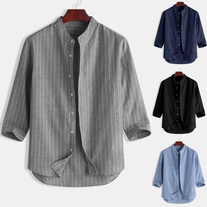 Pullover%20Style%20Men's%20Tops%20Soft%20Texture%203/4%20Sleeve%20Printed%20Design%20Striped%20Shirt%20Breathable%20Fabric%20Loose%20Fit%20Sleeve%20Shirt%20for%20%20Wear%20Streetwear%20%20Males%20Casual%20Outing%20Fashion%20Statement%20-%20Image%202